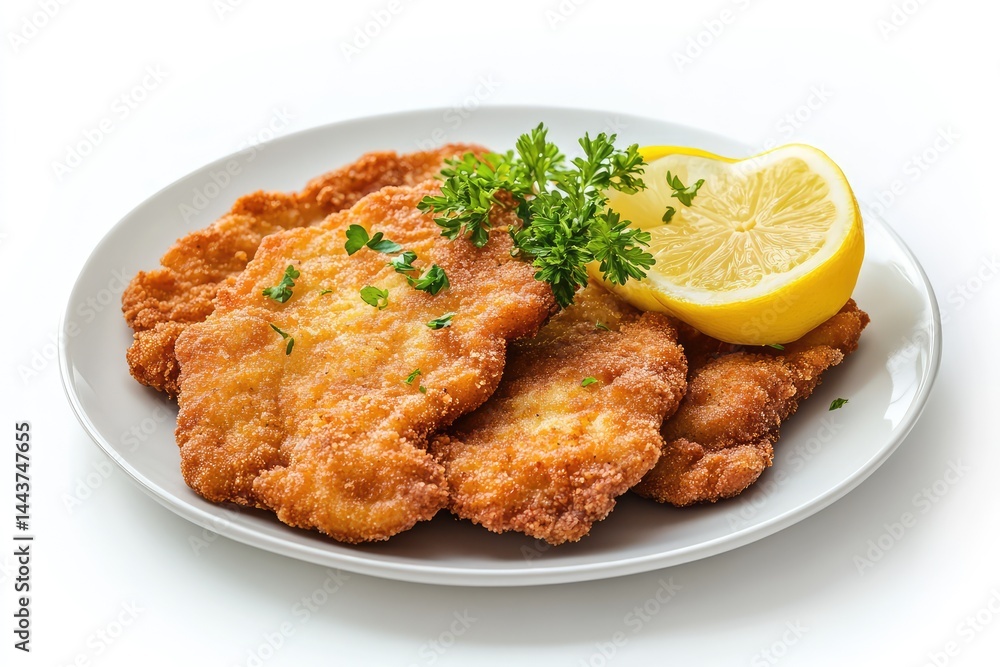 Schnitzel on a plate, white background. AI generated illustration.
