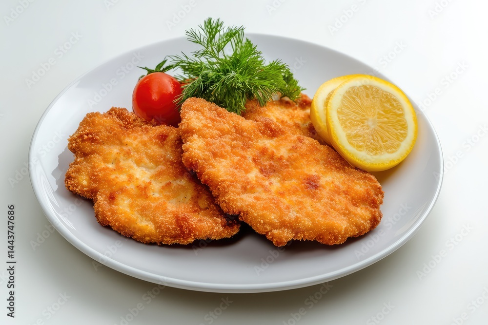 Schnitzel on a plate, white background. AI generated illustration. Schnitzel on a plate, white background. AI generated illustration.