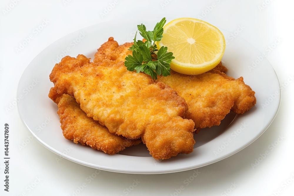 Schnitzel on a plate, white background. AI generated illustration. Schnitzel on a plate, white background. AI generated illustration.