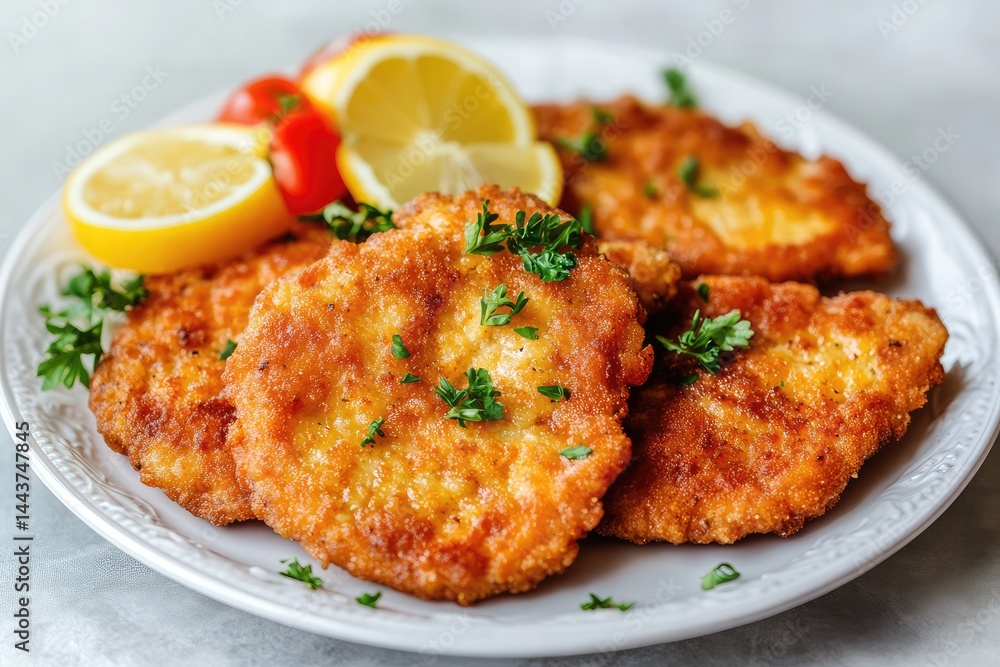 Schnitzel on a plate, white background. AI generated illustration. Schnitzel on a plate, white background. AI generated illustration.