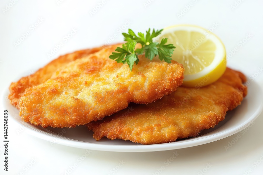 Schnitzel on a plate, white background. AI generated illustration. Schnitzel on a plate, white background. AI generated illustration.