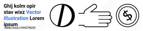 Prohibition sign, simplistic hand, and coin with dollar sign highlight financial limitations. Ideal for economics, trade, restrictions, banking, decision-making, charity business ethics abstract