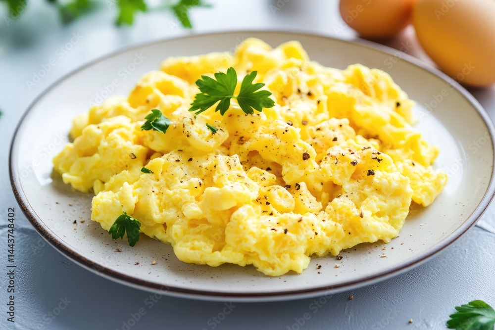 Scrambled eggs on a plate, white background. AI generated illustration. Scrambled eggs on a plate, white background. AI generated illustration.