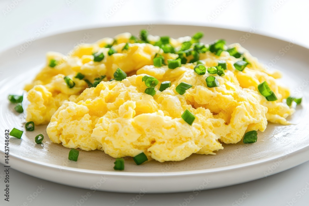 Scrambled eggs on a plate, white background. AI generated illustration. Scrambled eggs on a plate, white background. AI generated illustration.