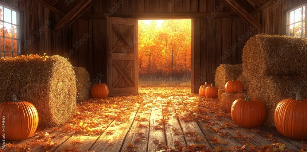 Obraz premium The autumn barn is warm and inviting, filled to the brim with an abundance of pumpkins and hay, and set amidst a backdrop of vibrant fall foliage