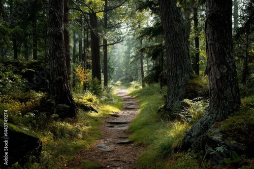 Woodland path beckons through a forest with tall trees and dappled sunlight, mossy rocks and ferns lining the ground.