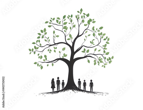 Family standing under a big tree with many roots and leaves connection concept