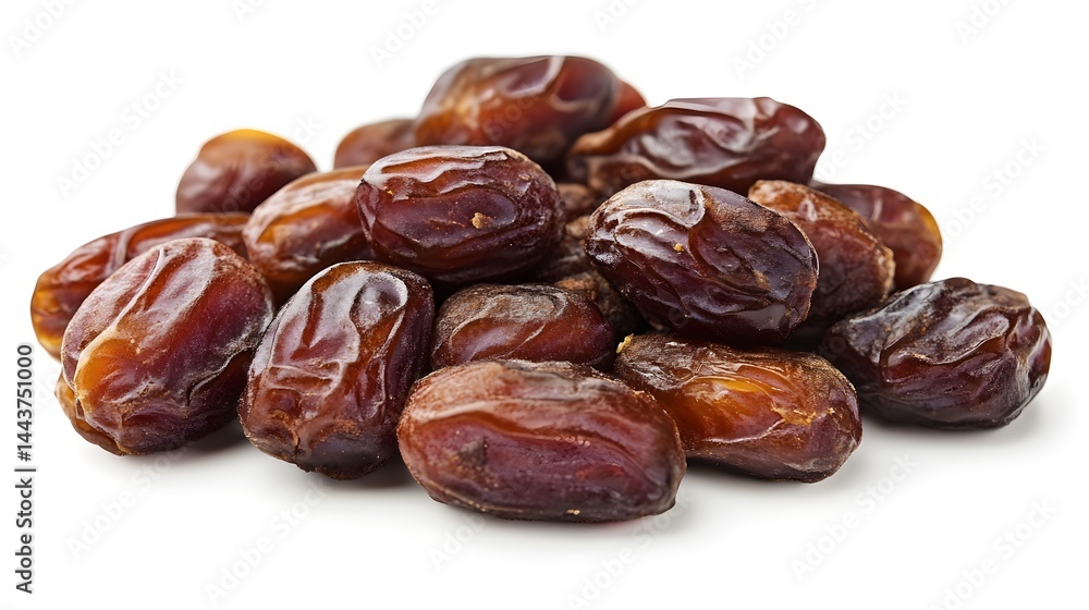 A close-up shot of a pile of delicious, ripe, dark brown Medjool dates isolated on a pure white background. A close-up shot of a pile of delicious, ripe, dark brown Medjool dates isolated on a pure white background.