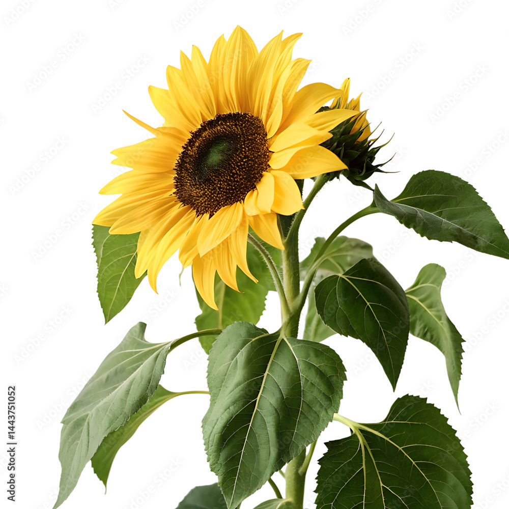 Obraz premium sunflower flower in Transparent Background A Single Sunflower in Bloom Near a Window Bright Yellow Petals and Green Leaves
