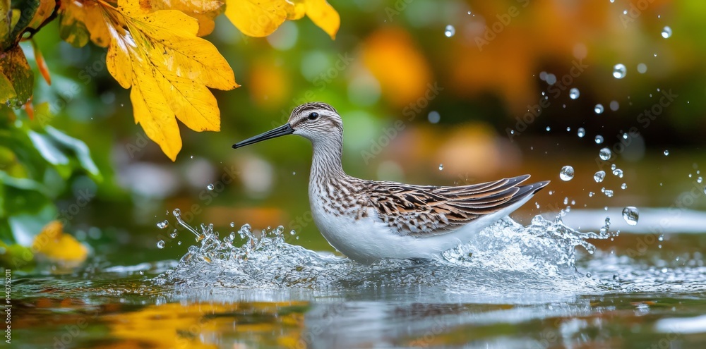 Foraging birds create splashes in shallow water as the autumn colors surround them at dusk Foraging birds create splashes in shallow water as the autumn colors surround them at dusk