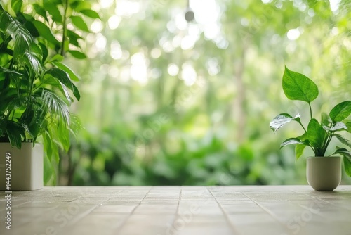 Plants frame blurred natural background with tile surface