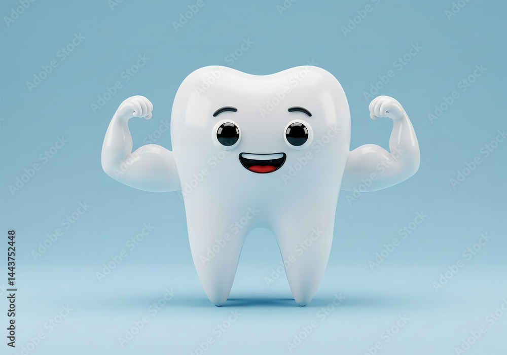 White cartoon Tooth, healthy and strong with muscle hand, 3d rendering. White cartoon Tooth, healthy and strong with muscle hand, 3d rendering.