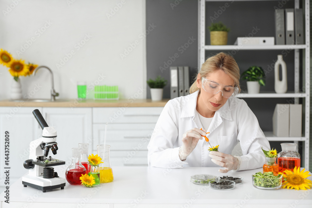 Female scientist with flasks of samples, sunflower seeds and sprouts working in laboratory Female scientist with flasks of samples, sunflower seeds and sprouts working in laboratory