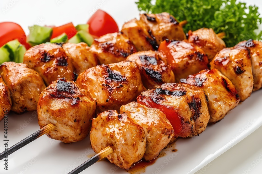 Shish chicken, white background. AI generated illustration. Shish chicken, white background. AI generated illustration.