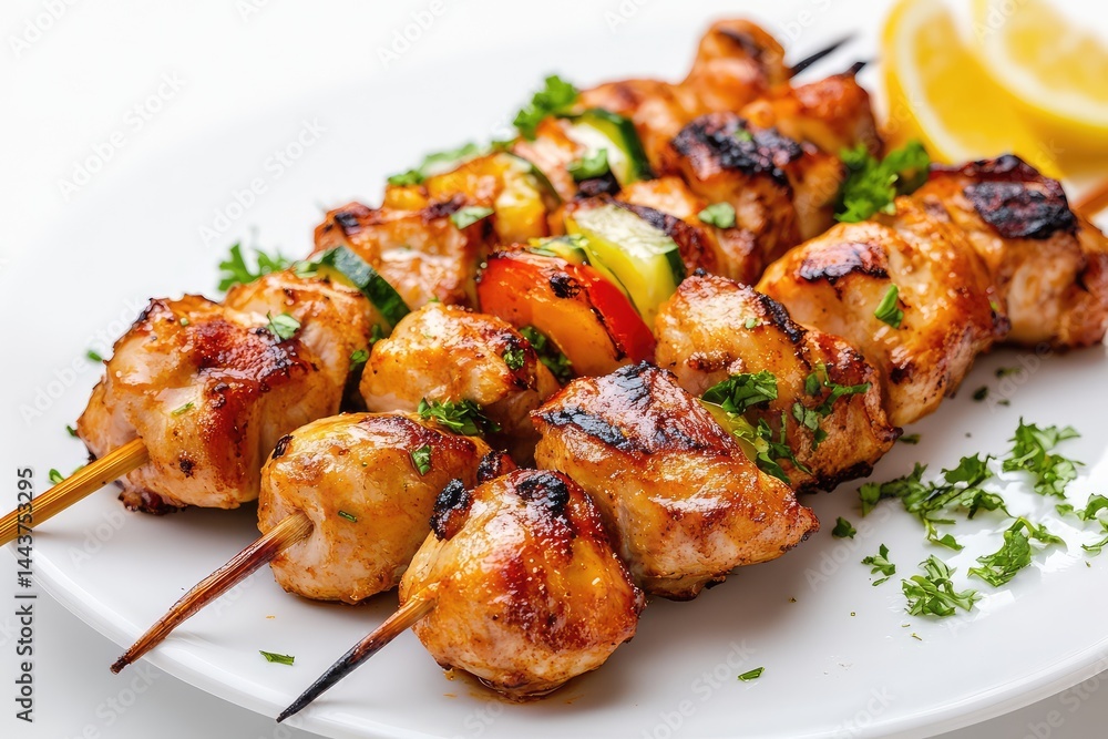 Shish chicken, white background. AI generated illustration. Shish chicken, white background. AI generated illustration.