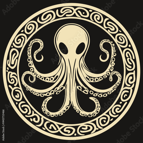 Royal Octopus Crest with Circle Frame Black Background