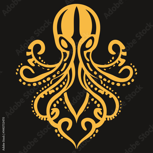 Gold Octopus Illustration with Curled Tentacles Black Background