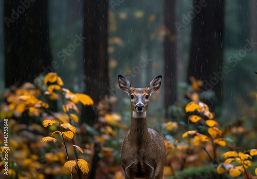 A deer broadside, in a pacific northwest forest, it is raining
