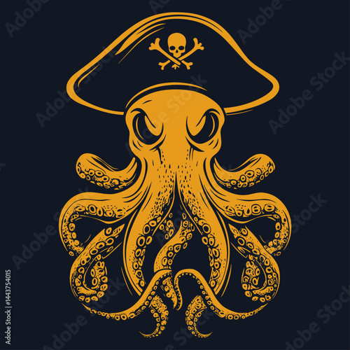 Pirate Octopus in Gold Colors Black Background