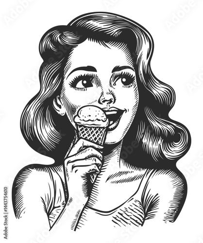 Vintage Hand-Drawn Illustration of Woman Enjoying Ice Cream Cone