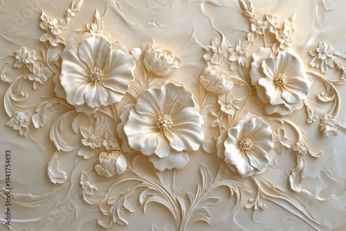 Ornate floral relief design in cream tones.