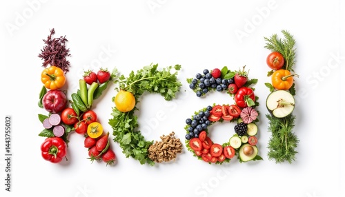 Word “kcal” made of healthy fruits, vegetables and greens on white background, diet and nutrition concept for diabetes and weight loss