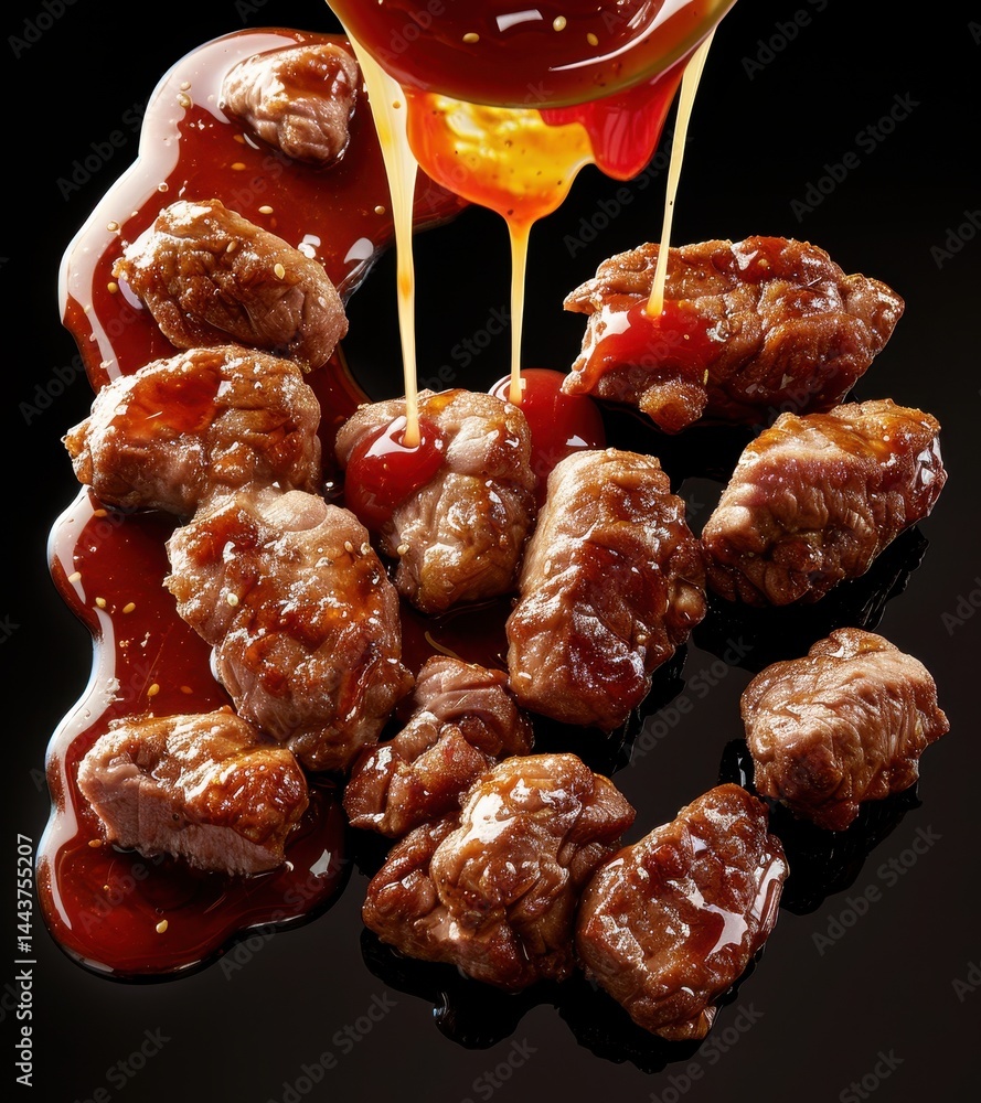 Crispy, golden-brown chicken bites drenched in a rich, glossy sauce against a dark background. Appetizing and flavorful Crispy, golden-brown chicken bites drenched in a rich, glossy sauce against a dark background. Appetizing and flavorful