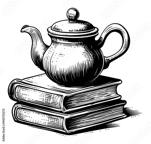 Hand-Drawn Engraving of Teapot on Stack of Vintage Books