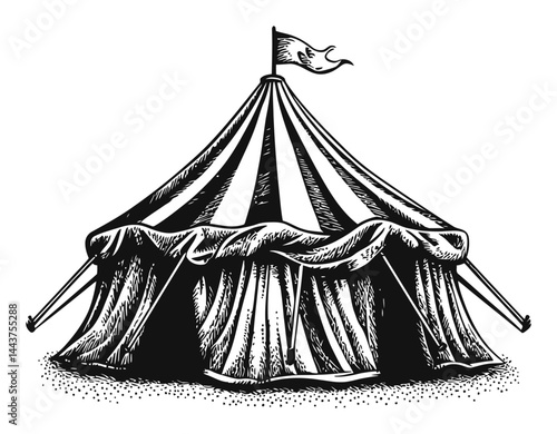Vintage Hand-Drawn Engraving of a Circus Tent with Flag
