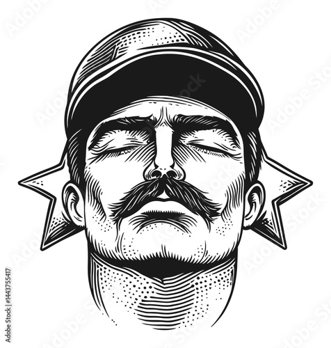 Hand-Drawn Vintage Engraving of Man with Mustache and Cap