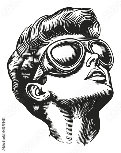 Vintage Hand-Drawn Engraving of a Woman Wearing Sunglasses