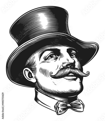 Elegant Vintage Man Portrait with Top Hat and Bow Tie Drawing