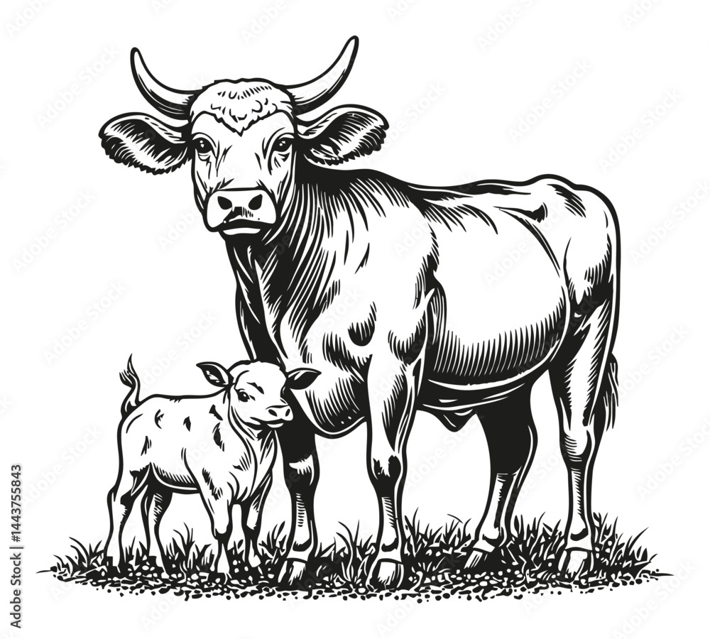 Fototapeta premium Hand-Drawn Engraving of a Cow and Calf in a Pastoral Setting