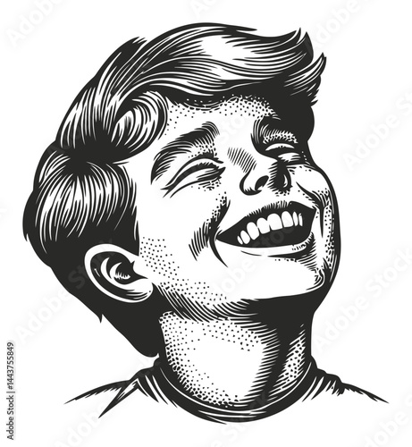 Joyful Boy Engraving Hand Drawn Illustration with Laughter and Happiness