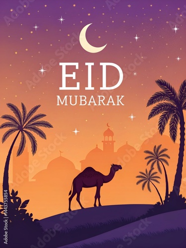 Eid Mubarak Sunset Scene with Mosque, Camels, and Palm Trees