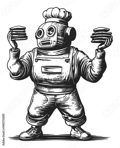 Vintage Engraving of a Chef Holding Burgers in a Hand Drawn Style