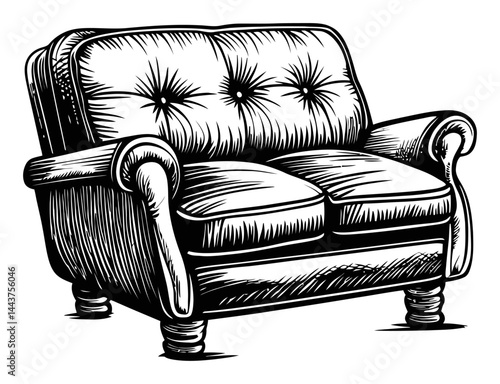 Hand-Drawn Engraving of Classic Couch Illustration in Black and White
