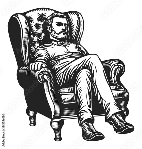 Detailed Vintage Engraving of a Man Relaxing in a Classic Chair