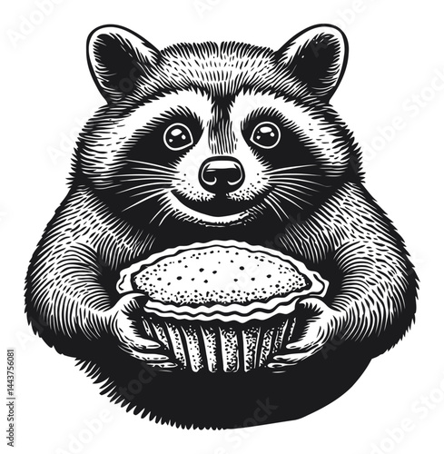 Charming Raccoon Holding a Pie Engraving in Hand-Drawn Style