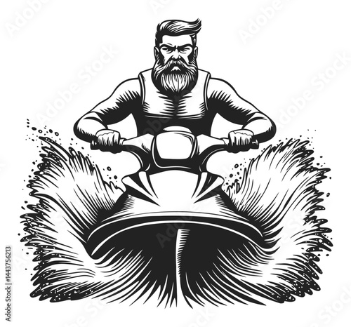 Hand Drawn Engraving of Bearded Man Riding Jet Ski with Water Splash