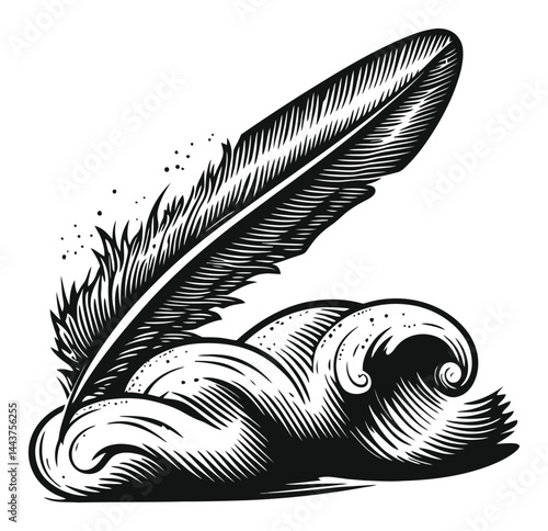 Hand-Drawn Feather Quill Engraving Illustration on Flowing Clouds