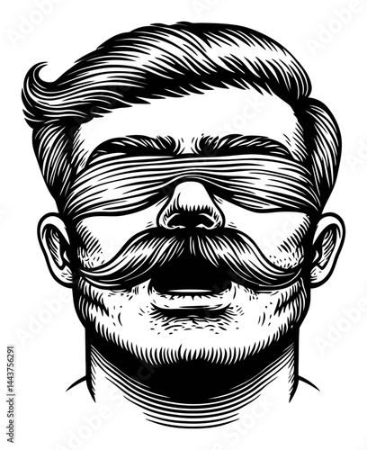 Vintage Engraving of a Blindfolded Man with Mustache Illustration