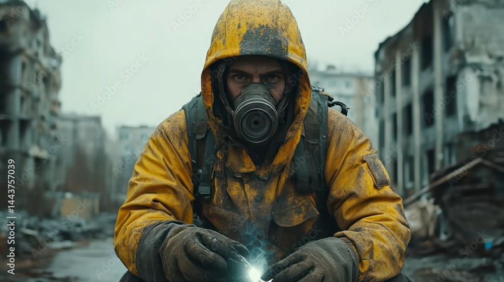 PostApocalyptic Survivor in Protective Gear Holding a Light Source Amidst Ruins PostApocalyptic Survivor in Protective Gear Holding a Light Source Amidst Ruins