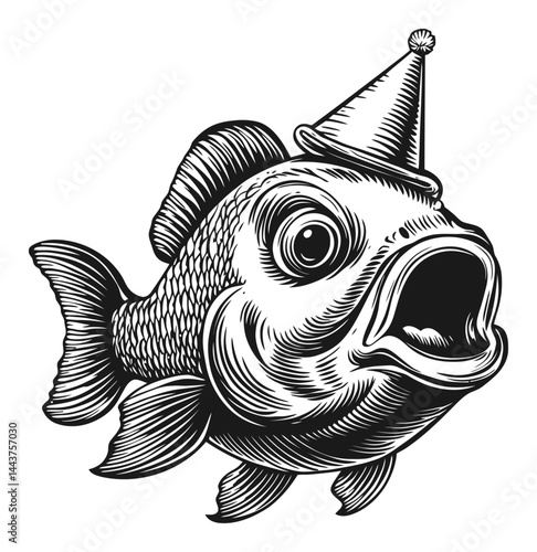 Vintage Hand-Drawn Engraving of Festive Fish with Party Hat