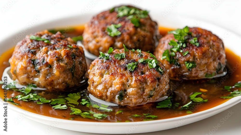 Four delicious homemade meatballs simmered in rich brown savory sauce are served on a white plate garnished with fresh parsley. Four delicious homemade meatballs simmered in rich brown savory sauce are served on a white plate garnished with fresh parsley.