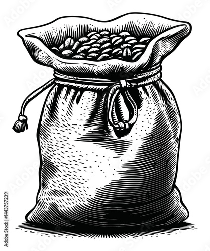 Hand-Drawn Engraving of a Filled Sack with Coffee Beans Illustration