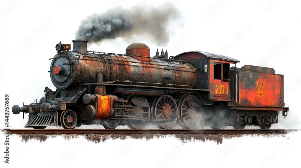 Fototapeta premium Steam Locomotive in Motion with Rusty Details and Billowing Smoke Vintage Train Engine for His