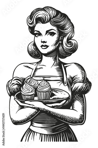 Vintage Hand-Drawn Illustration of Woman Holding Cupcakes