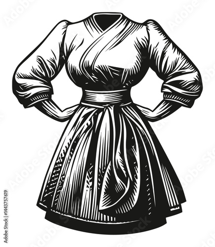 Hand-drawn Engraving Illustration of a Vintage Dress Design