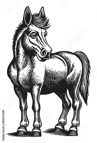 Hand-Drawn Engraving of a Majestic Horse in Classic Illustration Style